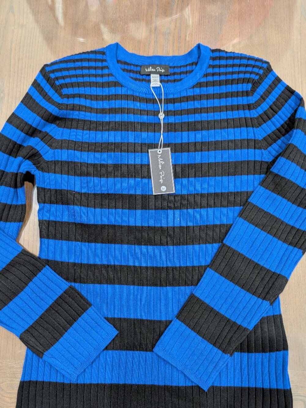Melissa Paige black and blue striped women's sweater